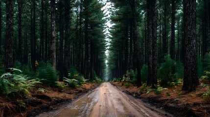 Obraz premium Symmetrical view down a straight dirt road cutting through a dense pine forest with tall trees lining the path under moody overcast lighting.