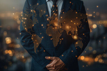 single businessman with world map overlay, global business concept, international trade, modern corporate style, realistic advertising photography
