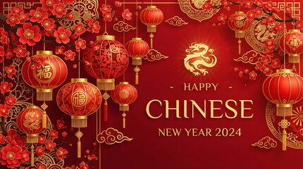 Fototapeta premium Festive Happy Chinese New Year 2024 with glowing golden dragon red lanterns and blooming plum blosso