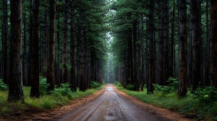 Symmetrical view down a straight dirt road cutting through a dense pine forest with tall trees lining the path under moody overcast lighting.