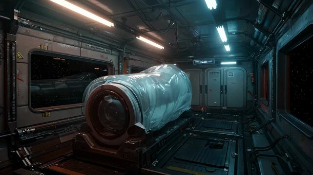 Cryocapsule in futuristic spaceship corridor with changing light. Human cloning and future space technology concept.