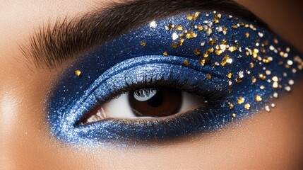 A mesmerizing close-up captures the beauty of a single eye adorned with sparkling dark blue eyeshadow and hints of gold shimmer for an elegant touch.