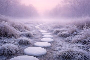 Frosty path with white stepping stones and Misty horizon on soft pink background.