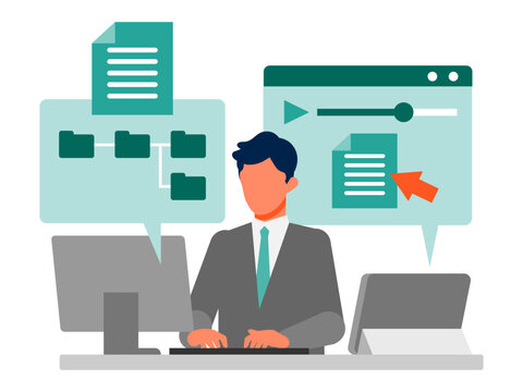 Online training and e learning illustration for workforce development with remote courses, onboarding, certification learning and digital education workflow