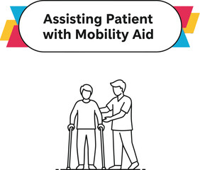 Black outline vector of healthcare worker assisting patient with walking sticks