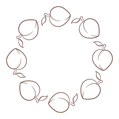 Peach fruit wreath in line art style isolated on a white background.