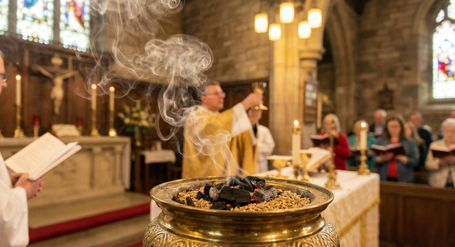 Priest conducting Easter service with incense in a church  