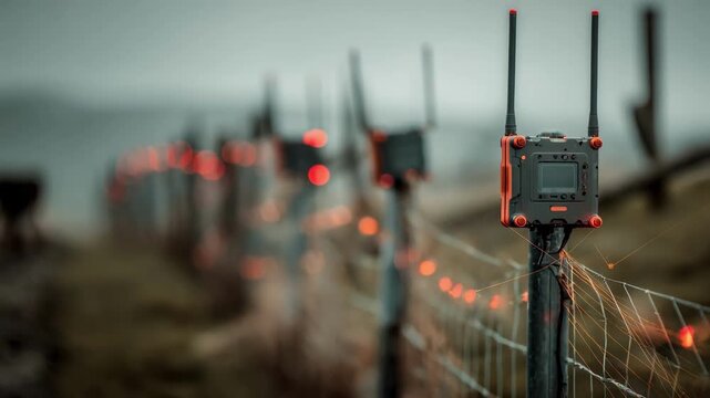Medium shot of a smart border sensor network tracking land activity with rugged IoT devices monitoring movement along a remote fence line.