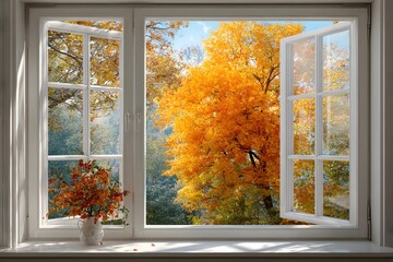 White window frame looking out onto a forest filled with vibrant autumn leaves and golden foliage, bathed in bright natural daylight.