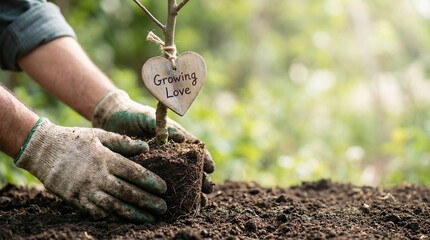 Person planting a young tree with a heart-shaped tag in a garden on a sunny day from a close-up viewpoint