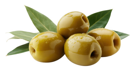 Green olives with leaves food ingredient isolated on a transparent background