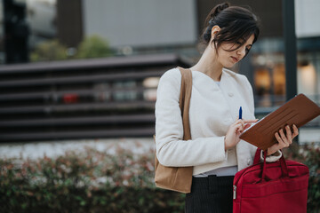 A young professional woman checks notes on a clipboard in a city setting, carrying a brown bag and red tote.