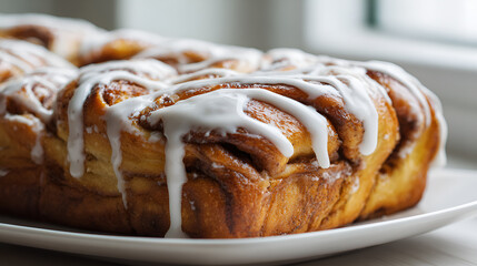 Ciasto cynamonowe z lukrem na talerzu – puszysty drożdżowy wypiek.
