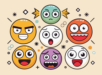 Cartoon Emoji Faces Expressing Various Human Emotions Set