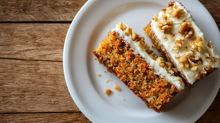 Dwa kawałki ciasta marchewkowego z kremem serowym i orzechami na białym talerzu.