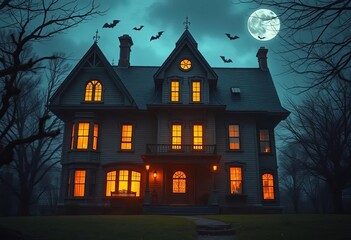 A haunted house looms with glowing windows and bats,  creepy,  ominous
