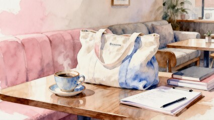 Coffee cup and bag on table in cafe