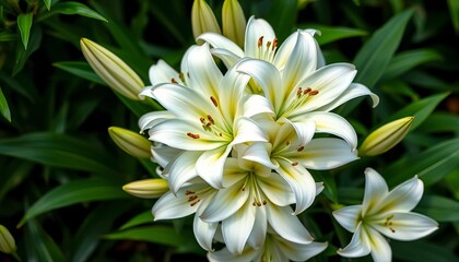Fototapeta premium Elegant cluster of pristine white lilies, lush greenery, petals, nature