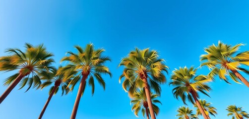 Fototapeta premium Majestic royal palm trees against a vibrant blue sky, scenic, majestic