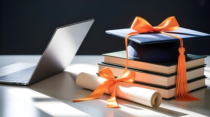 Graduation cap and books next to a laptop and diploma