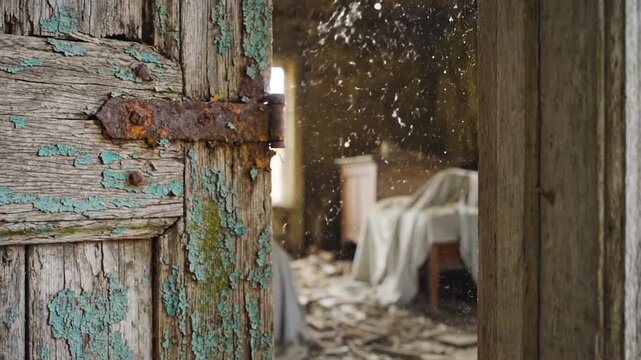 Old Weathered Door Rusty Hinge Leading to Abandoned Dusty Room