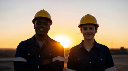 Diverse Construction Workers at Sunset Wearing Safety Helmets on Job Site