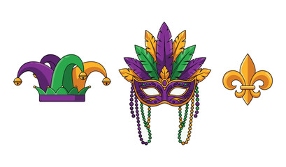 Mardi Gras Icons Mask Jester Hat and Fleur De Lis Festive Celebration Elements © Nurlaily