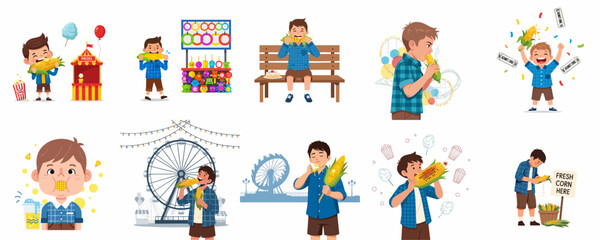 Fototapeta premium A cheerful boy enjoying corn on the cob illustrations set at a summer carnival or fairground, showing various moments of eating and fun.