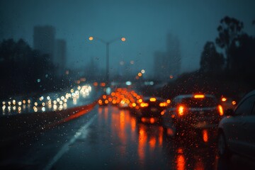 Obraz premium City traffic jam captured at dusk with rain-slicked streets and red brake lights creating a bokeh effect in an urban rush hour atmosphere.