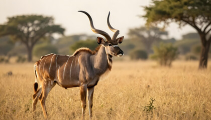 Obraz premium Majestic Greater Kudu bull with impressive spiral horns standing in the African savanna at sunrise