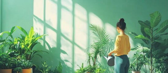 woman watering plants in green room
