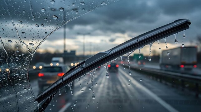 Rainy highway view through windshield with active wiper blades clearing water drops,cars driving under stormy clouds in evening traffic