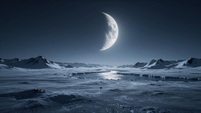 A breathtaking crescent moon illuminates a vast, frozen alien landscape under a dark, starless sky, evoking solitude and cosmic wonder across an icy terrain