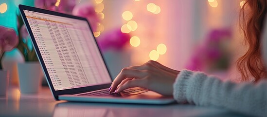 Woman working on laptop in cozy home office with warm bokeh lights