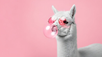  Cool Llama in Pink Sunglasses Blowing Bubble Gum on Pastel Pink Background