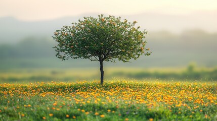 Solitary Tree Standing in a Vibrant Meadow of Yellow Wildflowers Under a Soft Morning Sky