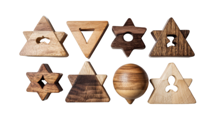 Wooden geometric puzzle shapes isolated on white background, handmade natural wood toys, abstract forms, educational game pieces, minimalist design collection