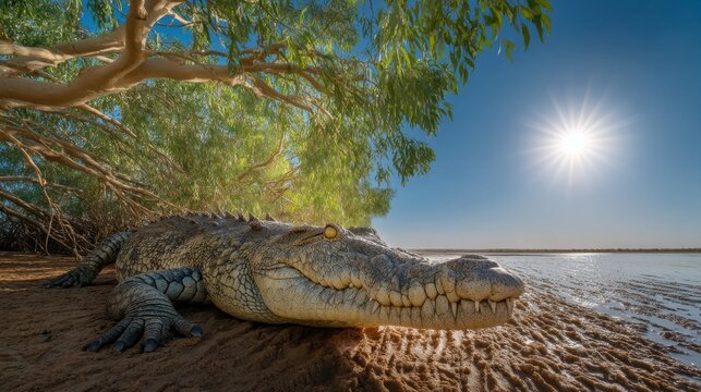 A crocodile is laying on the beach in front of a tree