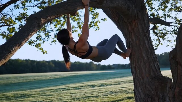 A woman doing sports in nature using a tree to do pull-ups