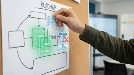 AI data leakage risk is highlighted on roadmap with hand placing pin near funnel and checklist in modern office setting