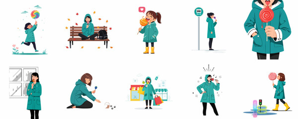 Vector set of girl in a raincoat enjoying lollipops and various daily activities, isolated on white background.