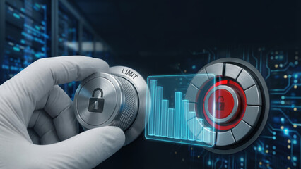 Data leakage protection concept with hand adjusting security limit dial and AI digital interface for secure information control