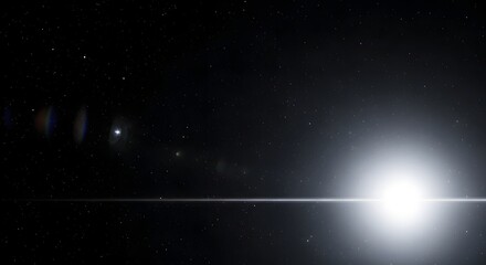 Bright star or sunburst in dark starry sky with lens flare space stars night