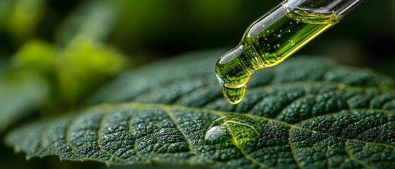 Close-up macro shot of a pipette dropping a green chemical solution onto a fresh green leaf, representing an agricultural science experiment.