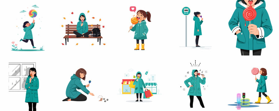 Vector set of girl in a raincoat enjoying lollipops and various daily activities, isolated on white background.