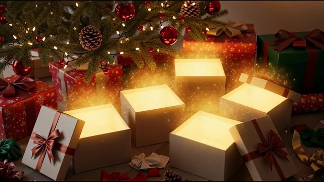 Christmas presents illuminated under festive holiday tree decorations