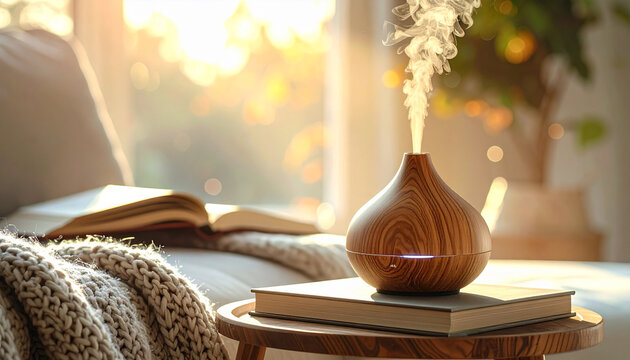 Aromatherapy diffuser wood grain modern side table open book knitted throw sunlight cozy relaxation home interior steam. wood grain aromatherapy diffuser emits steam modern side table with open