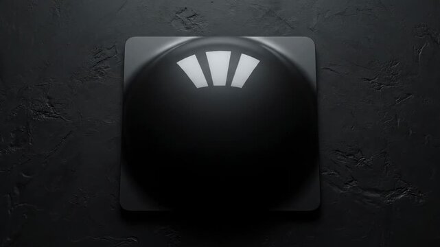 A dark grey abstract design of a sphere within a rounded square