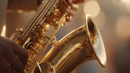 Fototapeta premium Close-up of a musicians hands playing a golden saxophone outdoors, golden saxophone isolated, saxophone on the stage, man playing saxophone, playing the saxophone