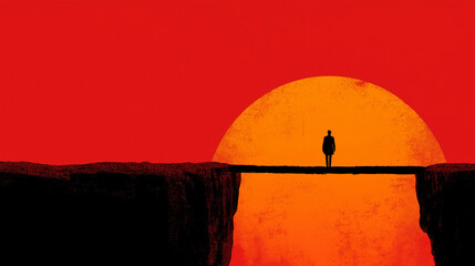 Silhouette of businessman standing on wooden bridge connecting two cliffs at sunset. Business solution strategy and bridging the gap concept art